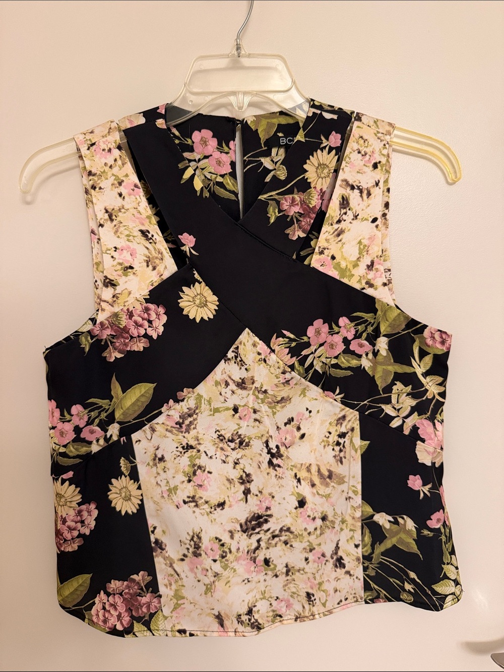 BCBG Black Floral Cross-Front Camisole with Pink and Cream Floral Panels